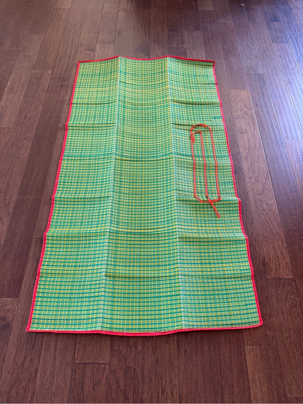 Thai Green /Yellow Woven Plastic with Red Border Trim Beach Mat Handmade 65”x36”